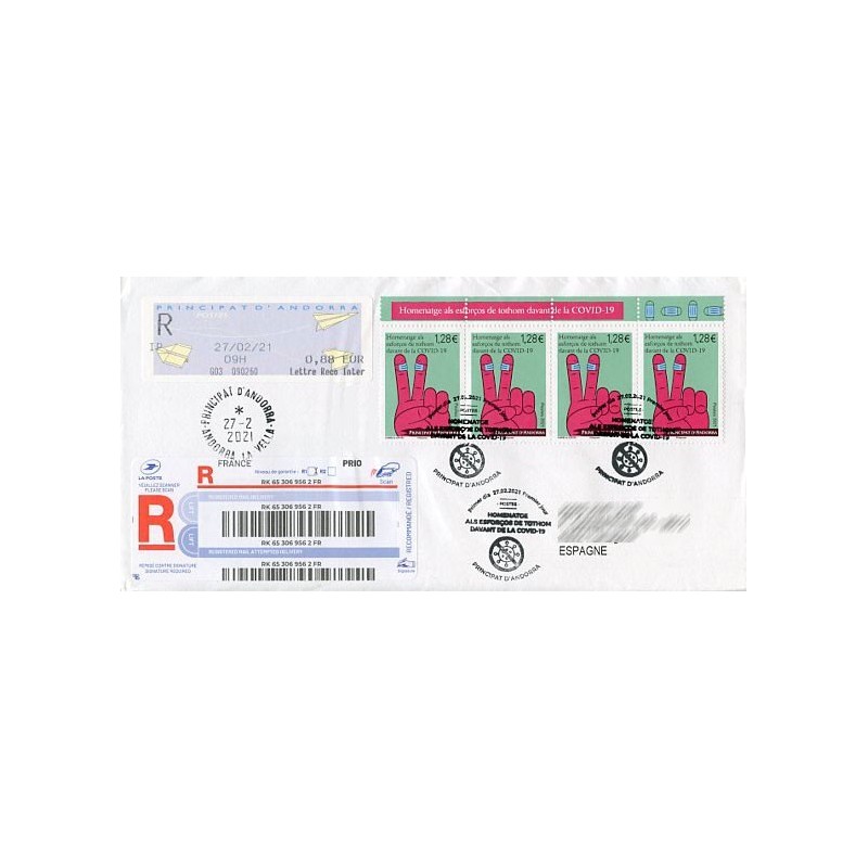 ANDORRA (French Post) (2021). Definitive issue MOG - Paper planes - G03. Cover registered to Spain, mixed (COVID-19)